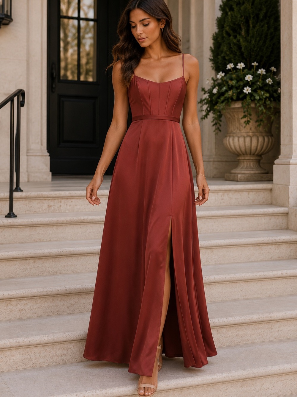 Revelry Rust Satin Bridesmaid Maxi Dress Fall Wedding Formal Size 8